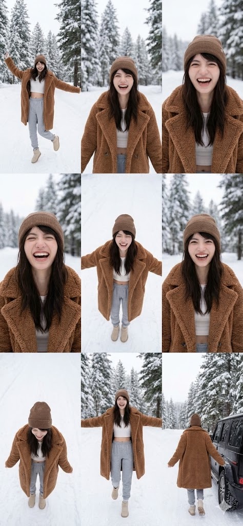 Nanobanana模型生成 冬季森林中年轻女子的3x3网格拼贴画 - AI绘画提示词参考