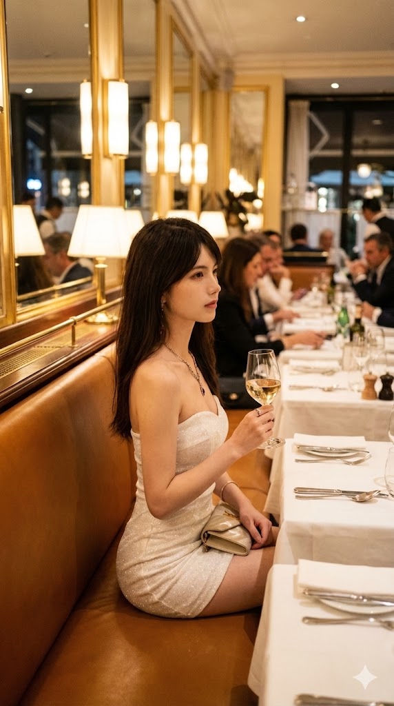 Nanobanana模型生成 无肩带连衣裙女生拿着白葡萄酒杯 - AI绘画提示词参考