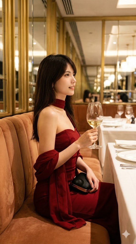 Nanobanana模型生成 深红色连衣裙女生拿着白葡萄酒 - AI绘画提示词参考