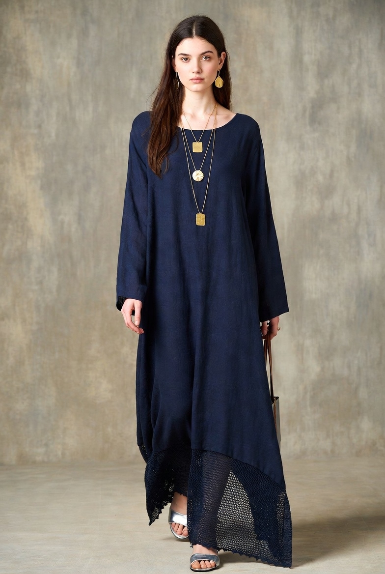 Nanobanana模型生成 Navy Blue Cotton Linen Boho Dress 深蓝色棉麻波西米亚风长裙 - AI绘画提示词参考