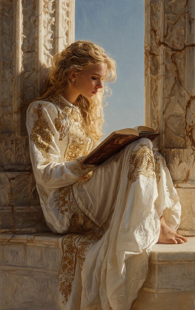 Nanobanana模型生成 金发美女读书 - AI绘画提示词参考