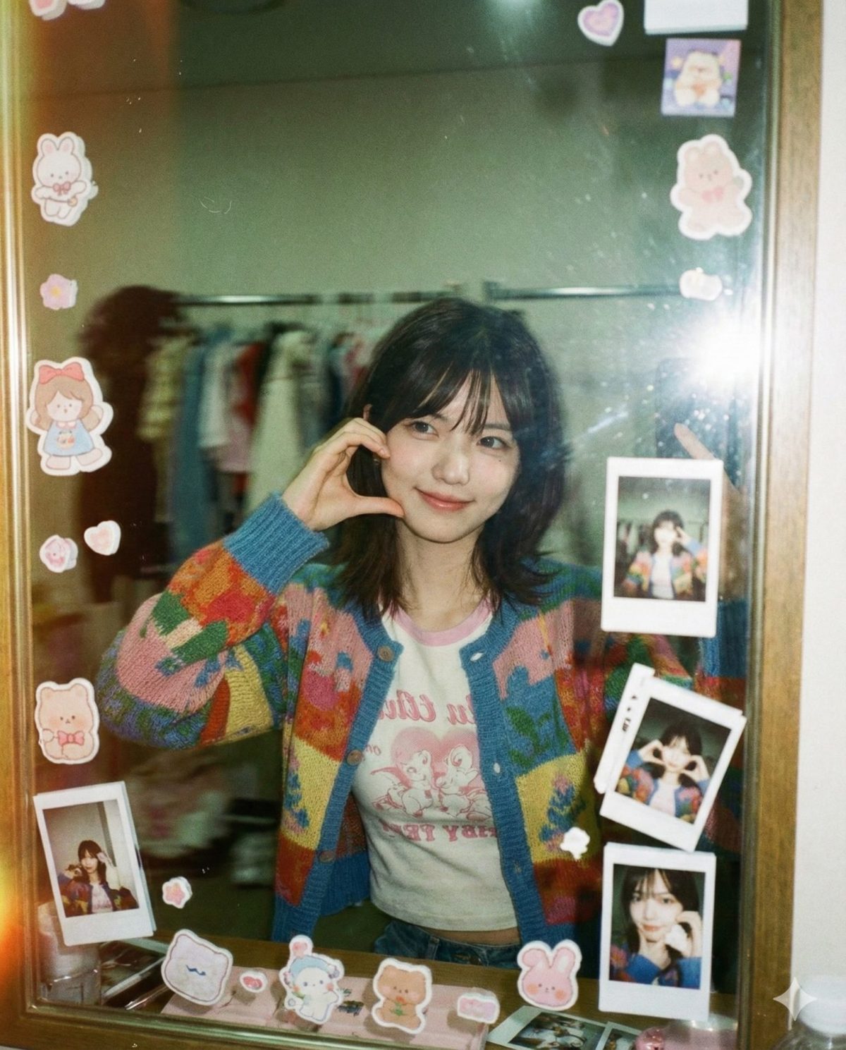 Nanobanana模型生成 镜前比心的甜妹胶片肖像 - AI绘画提示词参考