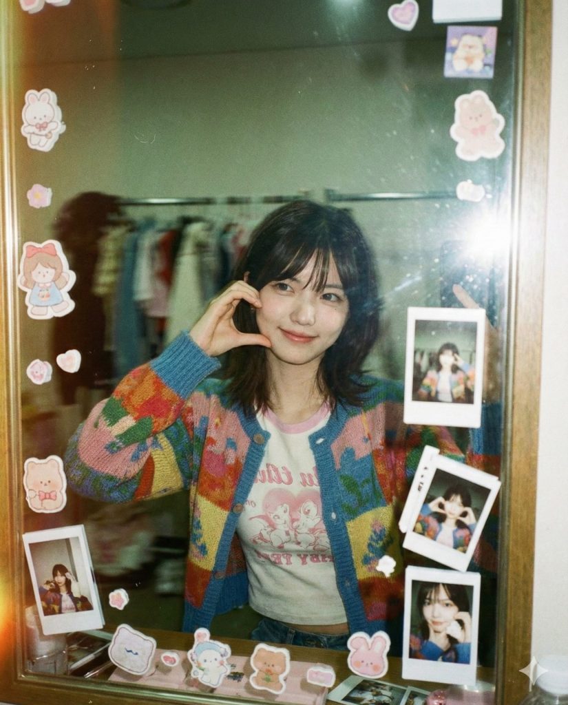 Nanobanana模型生成 镜前比心的甜妹胶片肖像 - AI绘画提示词参考