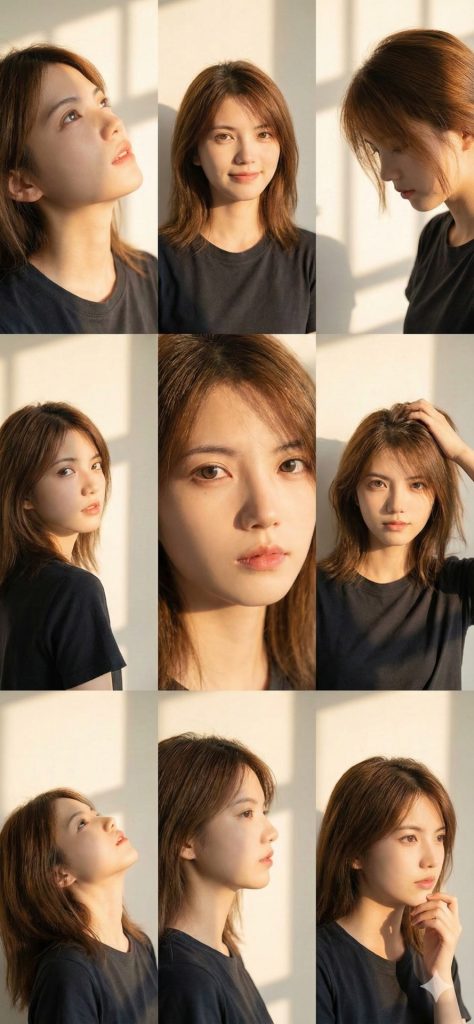 Nanobanana模型生成 黄金时刻窗影九宫格肖像 - AI绘画提示词参考