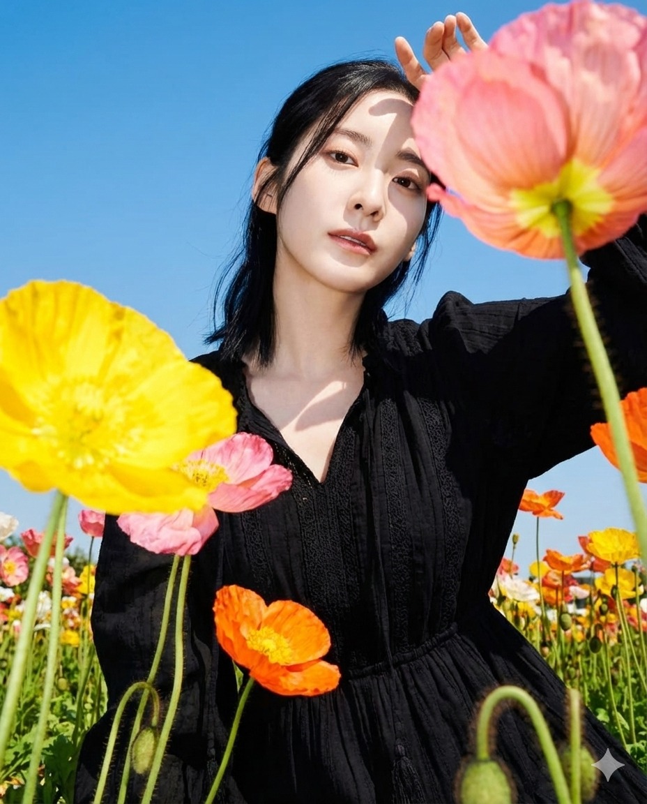 Nanobanana模型生成 充满活力的花海户外时尚写真 - AI绘画提示词参考