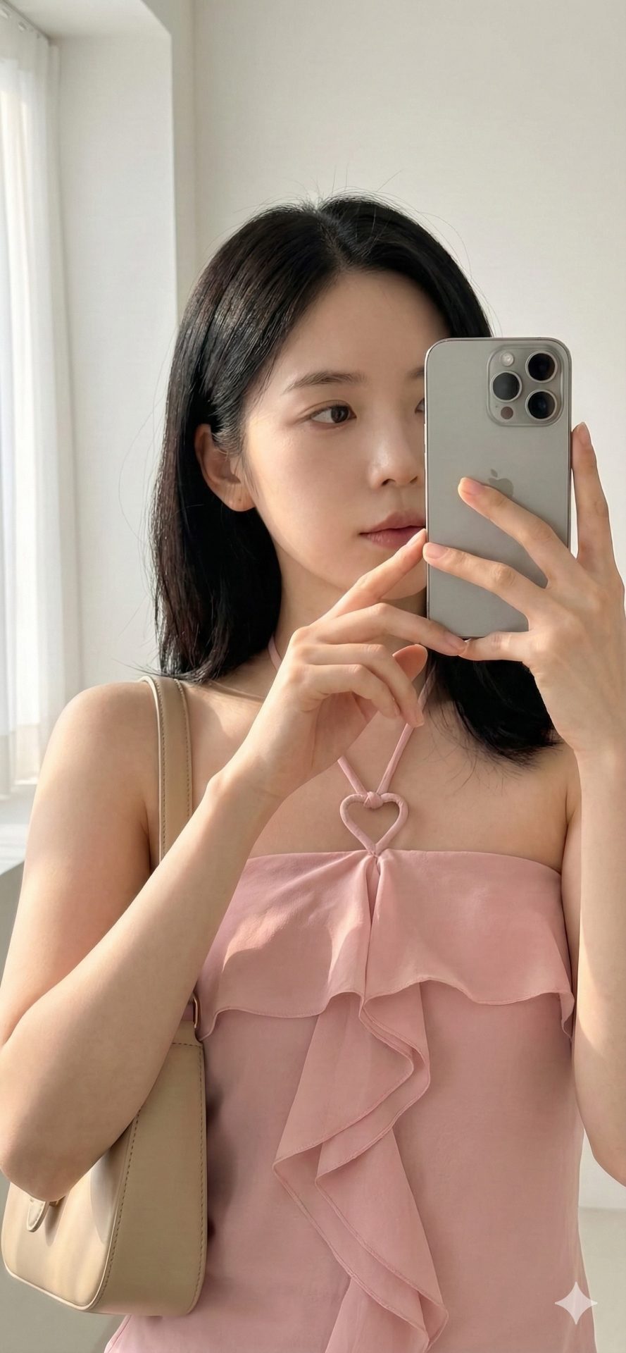 Nanobanana模型生成 柔粉抹胸与极简白墙的时尚定格 - AI绘画提示词参考