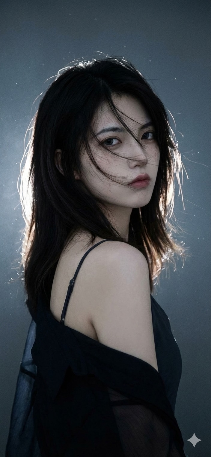 Nanobanana模型生成 风掠青丝眸藏孤影写真照 - AI绘画提示词参考