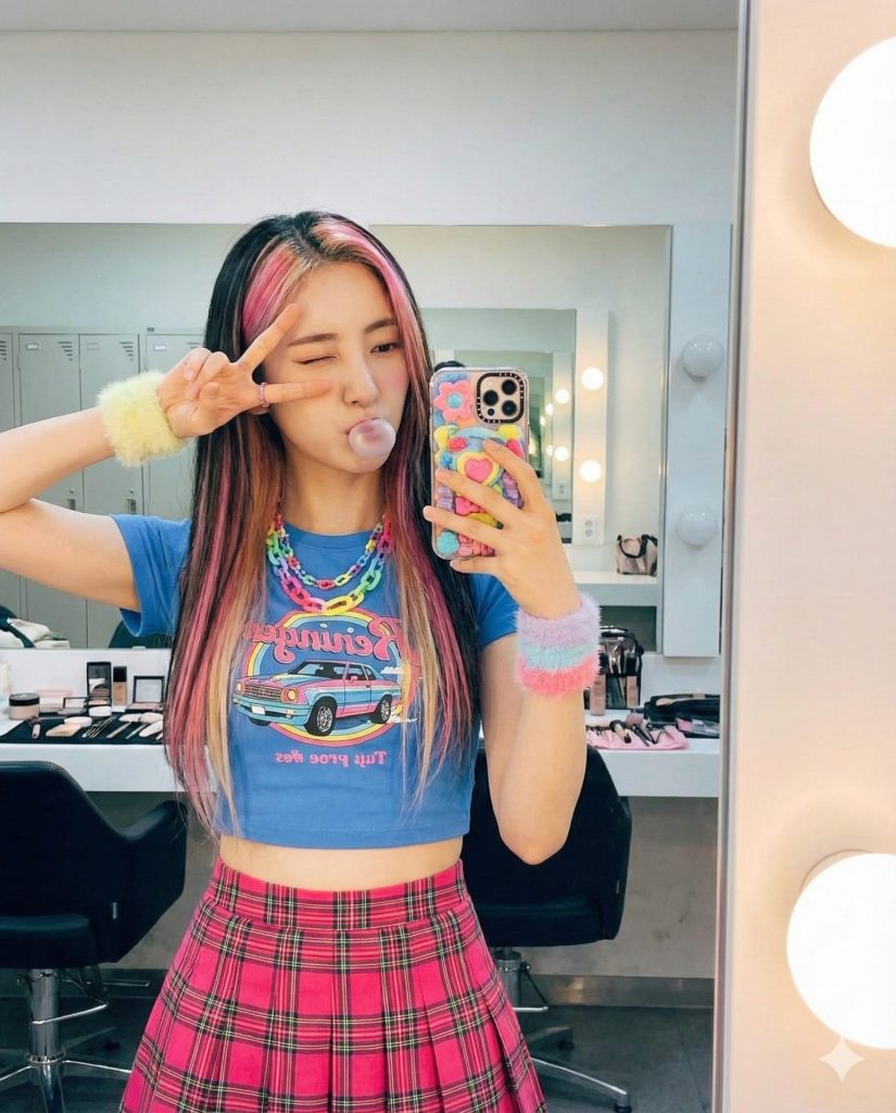 K-Pop Idol and Y2K Mirror Selfie | K-Pop爱豆与千禧辣妹自拍 3 Nanobanana模型生成 活力四射的自拍 - AI绘画提示词参考