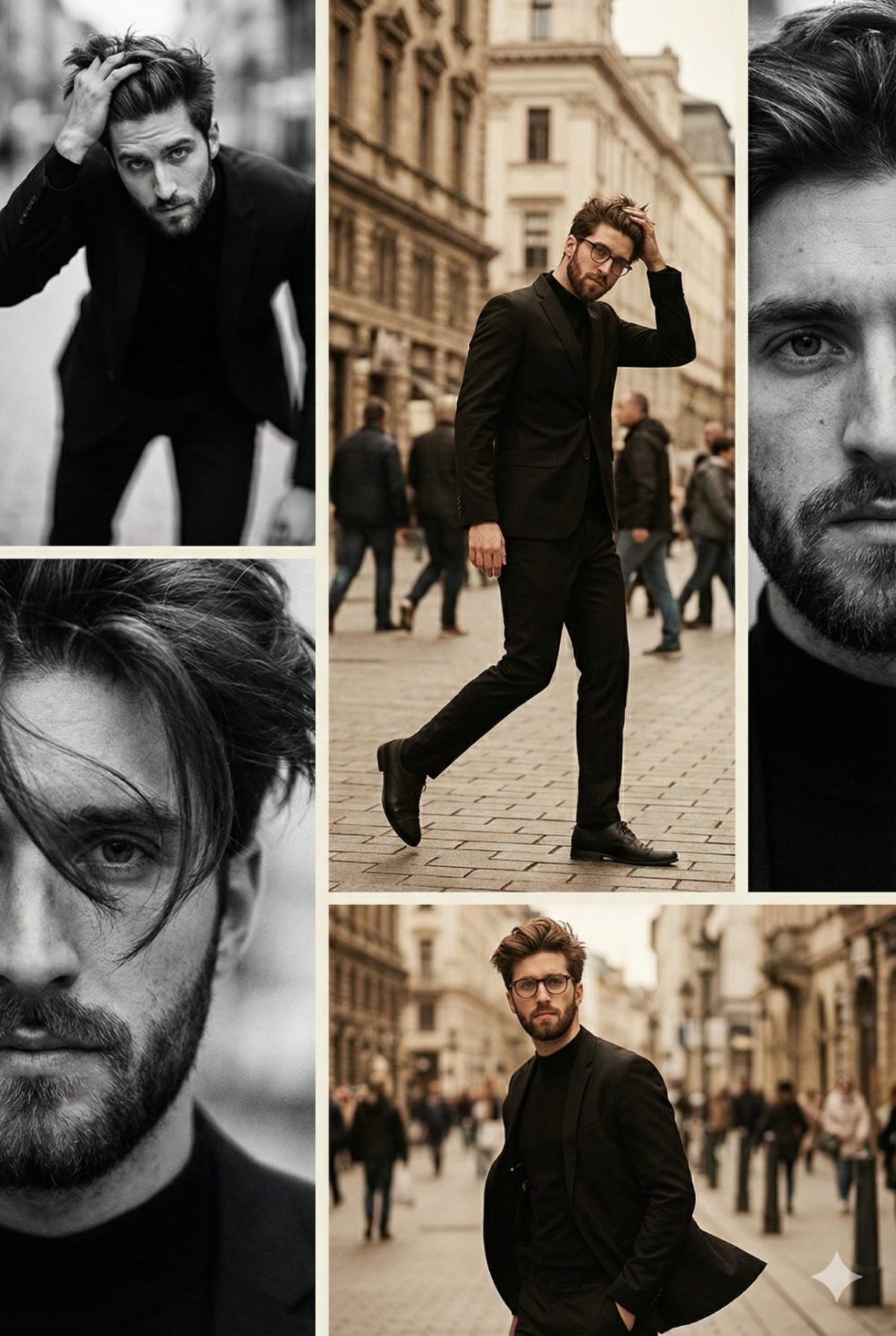 Nanobanana模型生成 复古胶片都市男模合辑 - AI绘画提示词参考