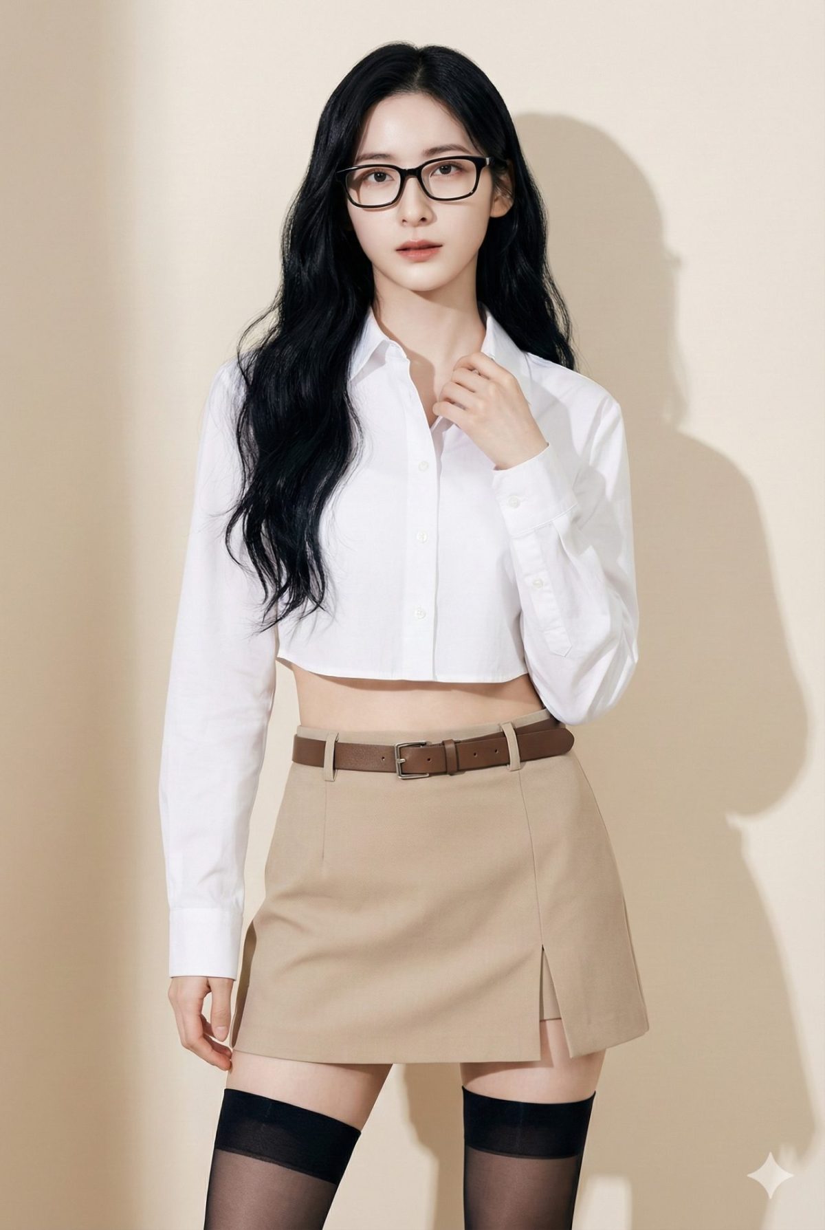 Nanobanana模型生成 时尚眼镜御姐米色写真 - AI绘画提示词参考