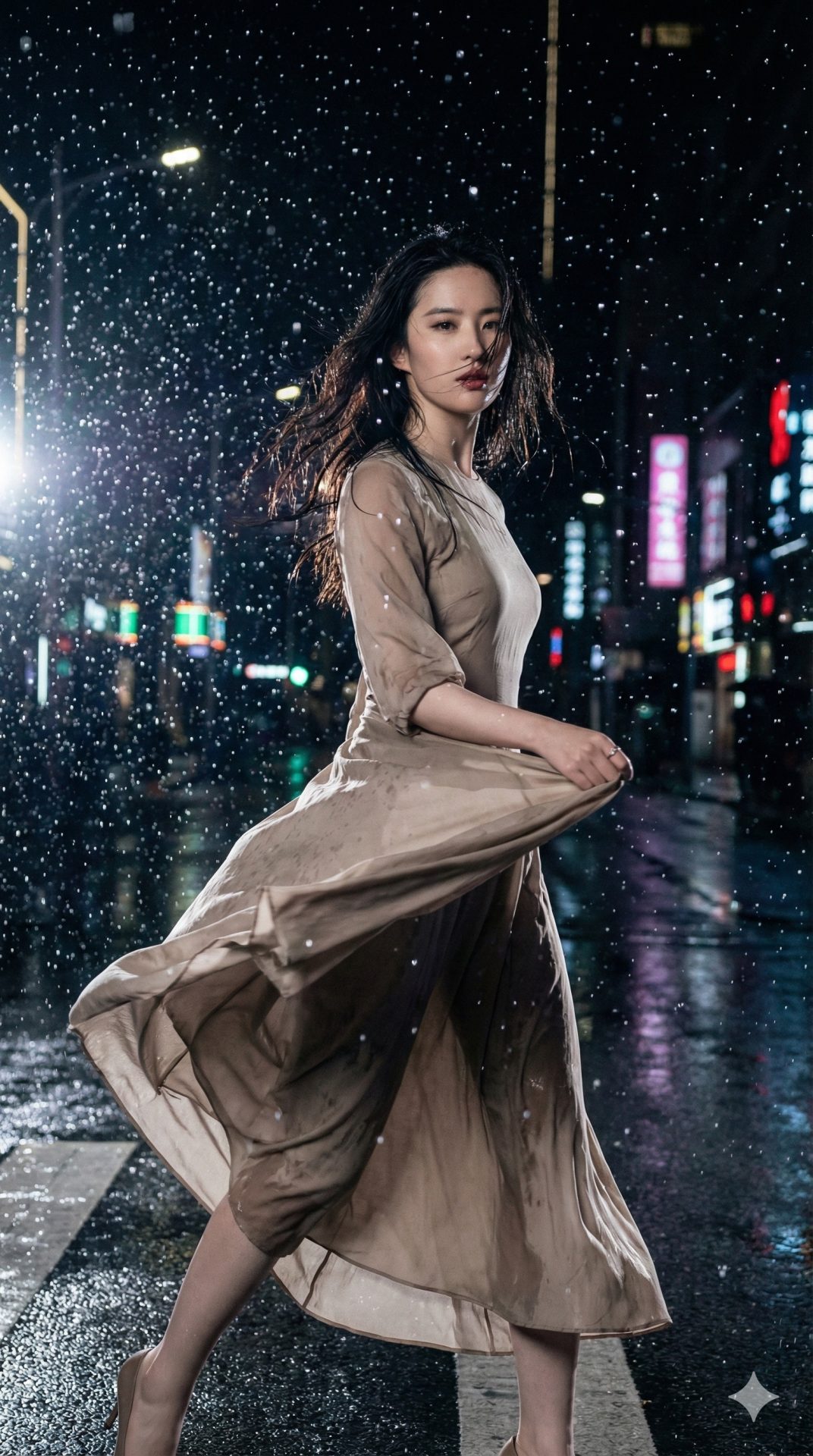 Nanobanana模型生成 雨中凝时超模步 - AI绘画提示词参考