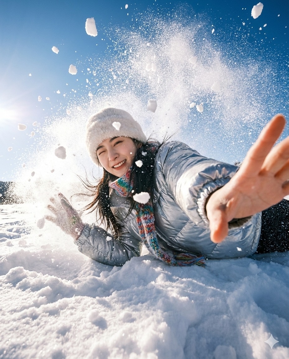 Nanobanana模型生成 冬雪后仰动感抓拍 - AI绘画提示词参考