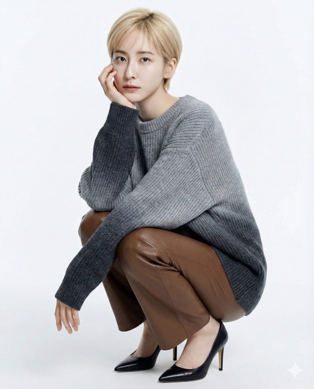 Nanobanana模型生成 冷调奢华蹲姿大片 - AI绘画提示词参考