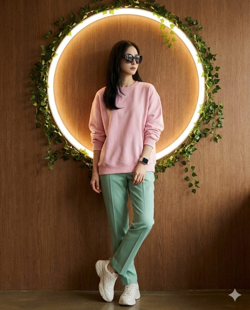 Nanobanana模型生成 柔粉卫衣薄荷裤的时尚松弛感 - AI绘画提示词参考