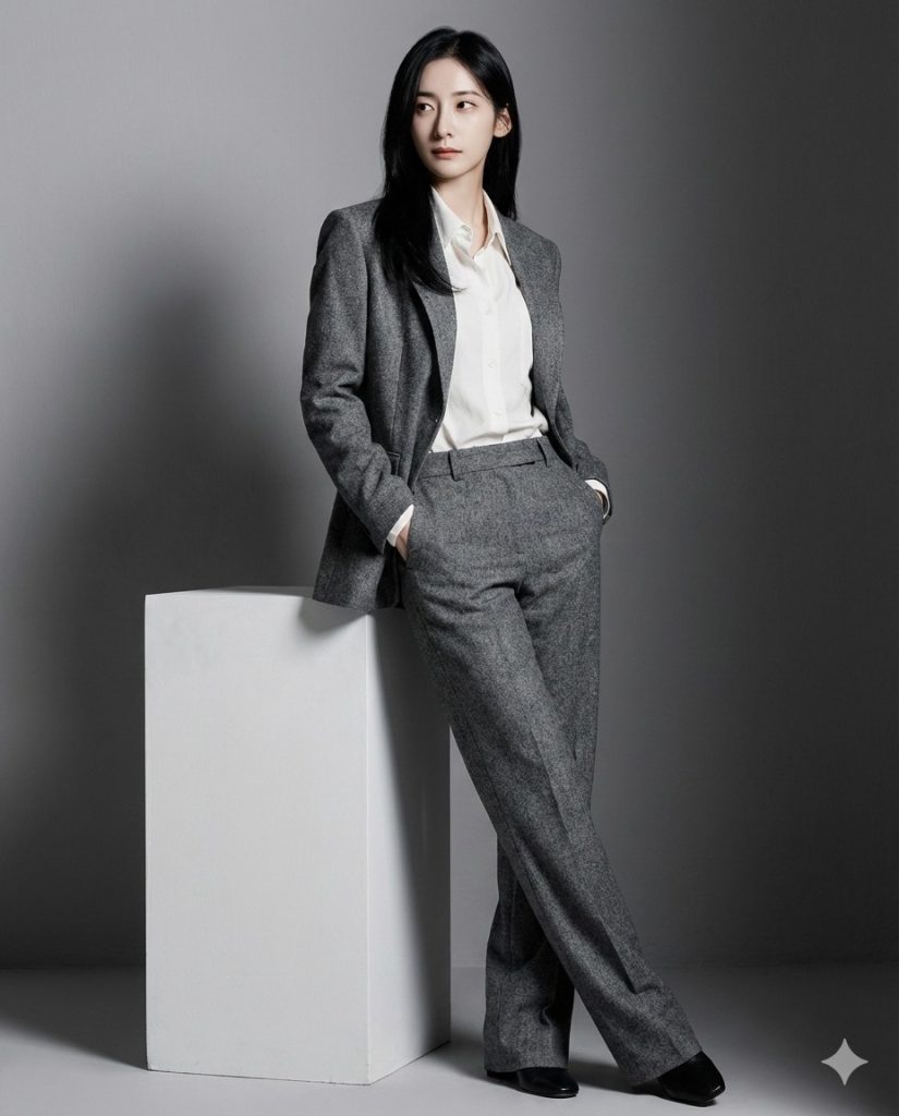 Nanobanana模型生成 灰西装女神范影棚大片 - AI绘画提示词参考