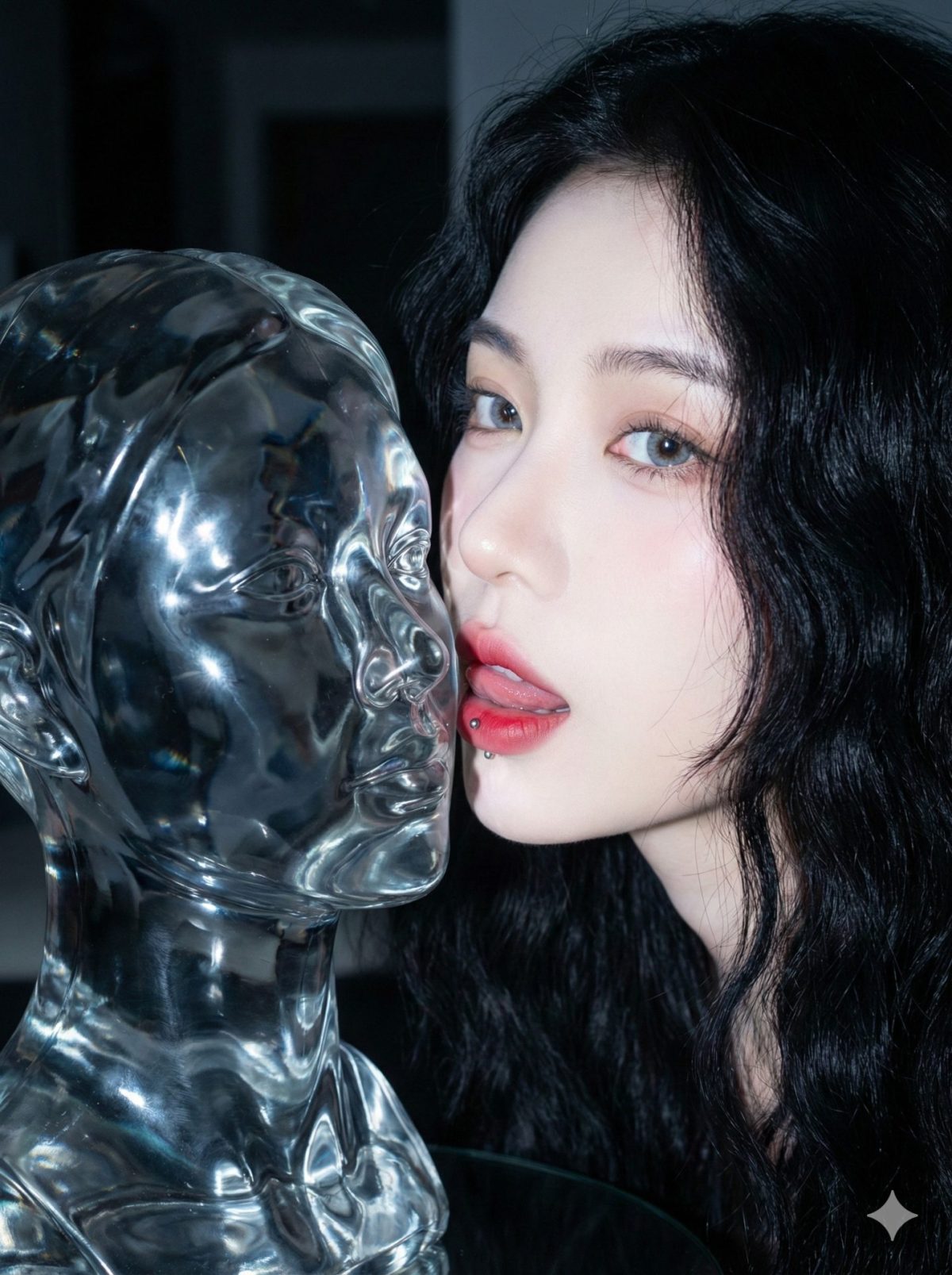 Nanobanana模型生成 玻璃唇吻夜光特写 - AI绘画提示词参考