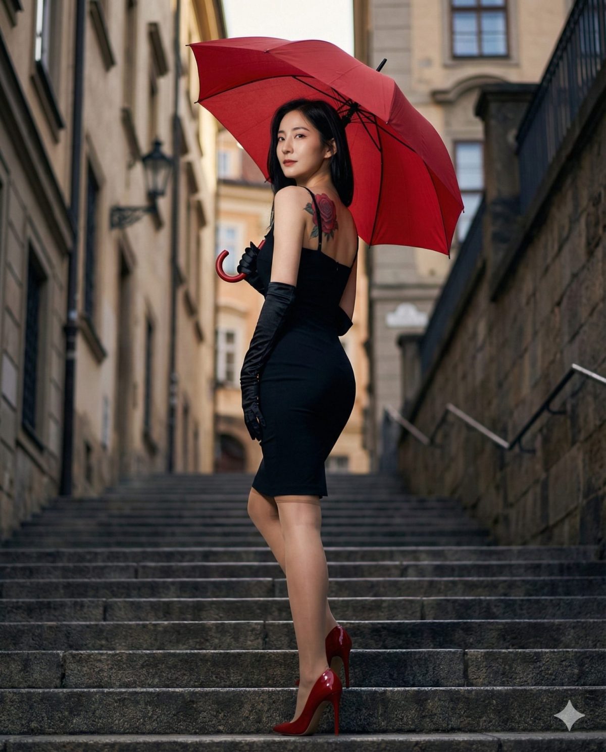 Nanobanana模型生成 红伞黑裙老城魅惑 - AI绘画提示词参考