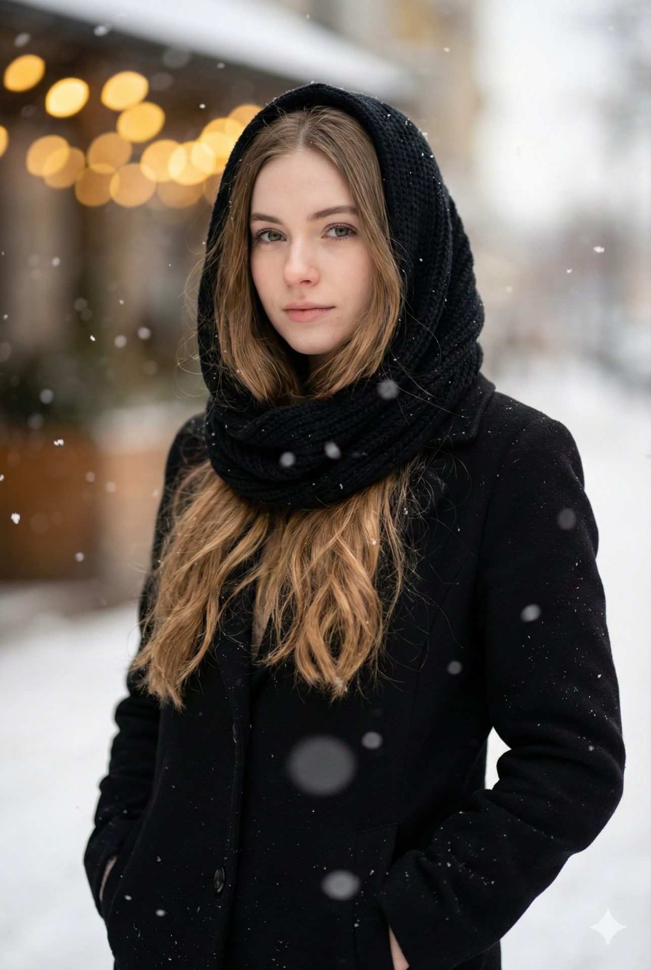 Nanobanana模型生成 雪幕暖光少女映画 - AI绘画提示词参考