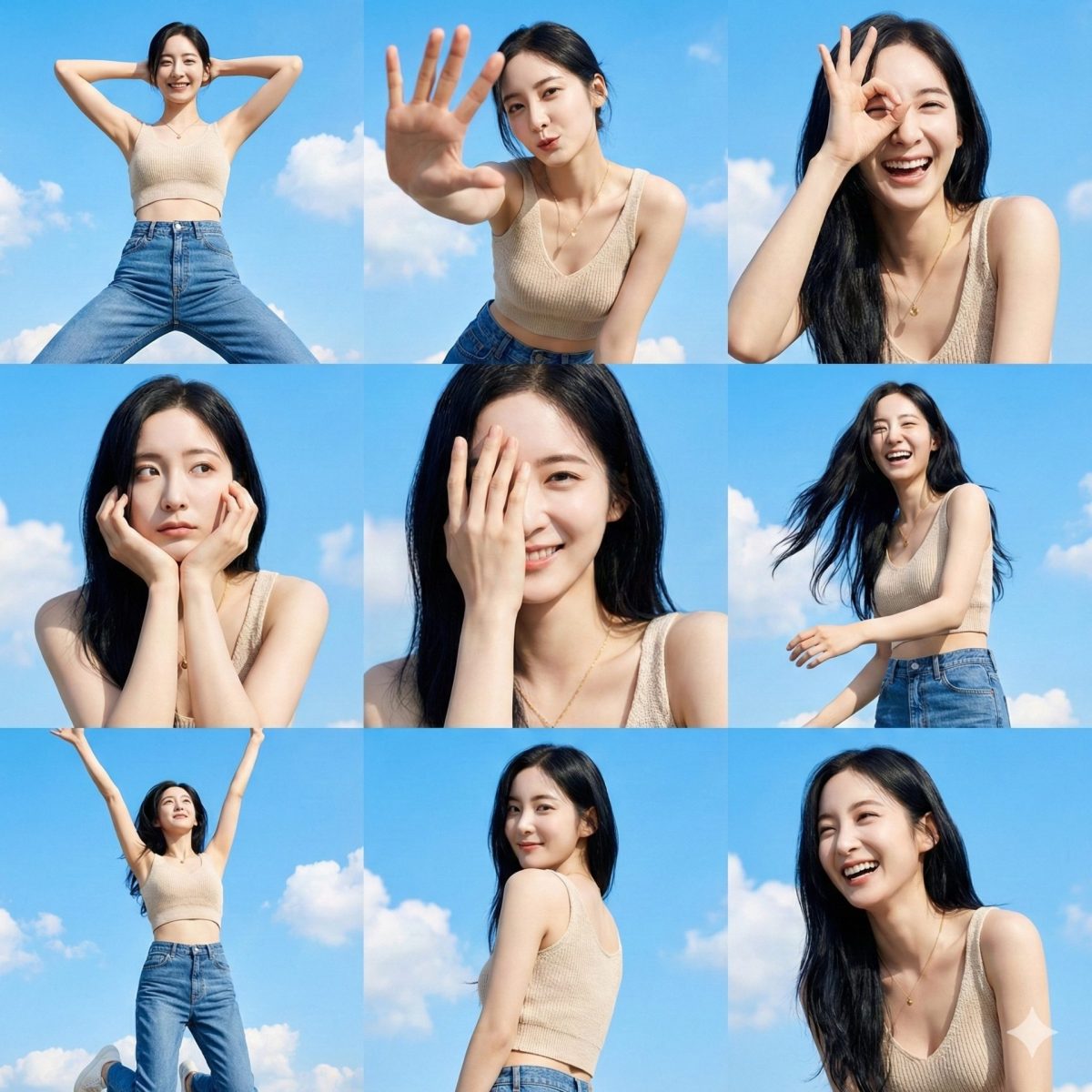 Nanobanana模型生成 晴空九格·活力少女 - AI绘画提示词参考