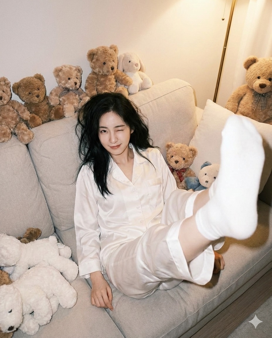 Nanobanana模型生成 缎面睡衣甜心眨眼萌拍 - AI绘画提示词参考