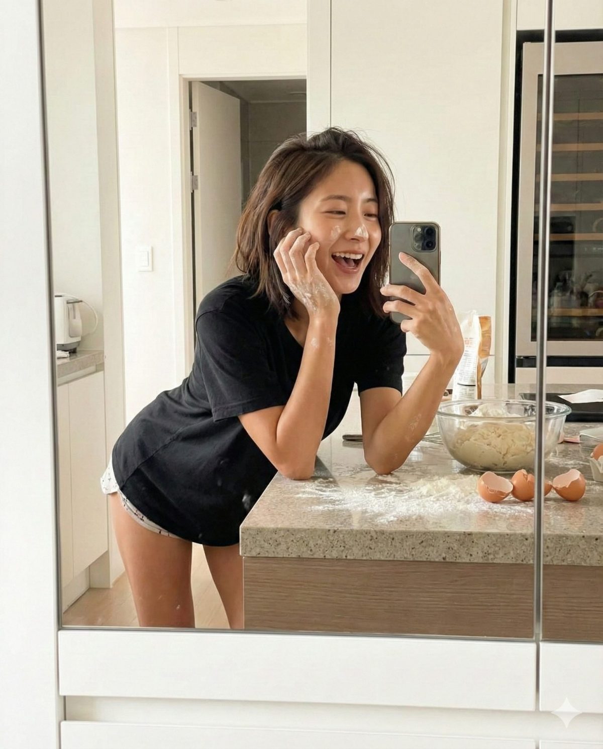 Nanobanana模型生成 面粉笑靥镜面自拍照 - AI绘画提示词参考