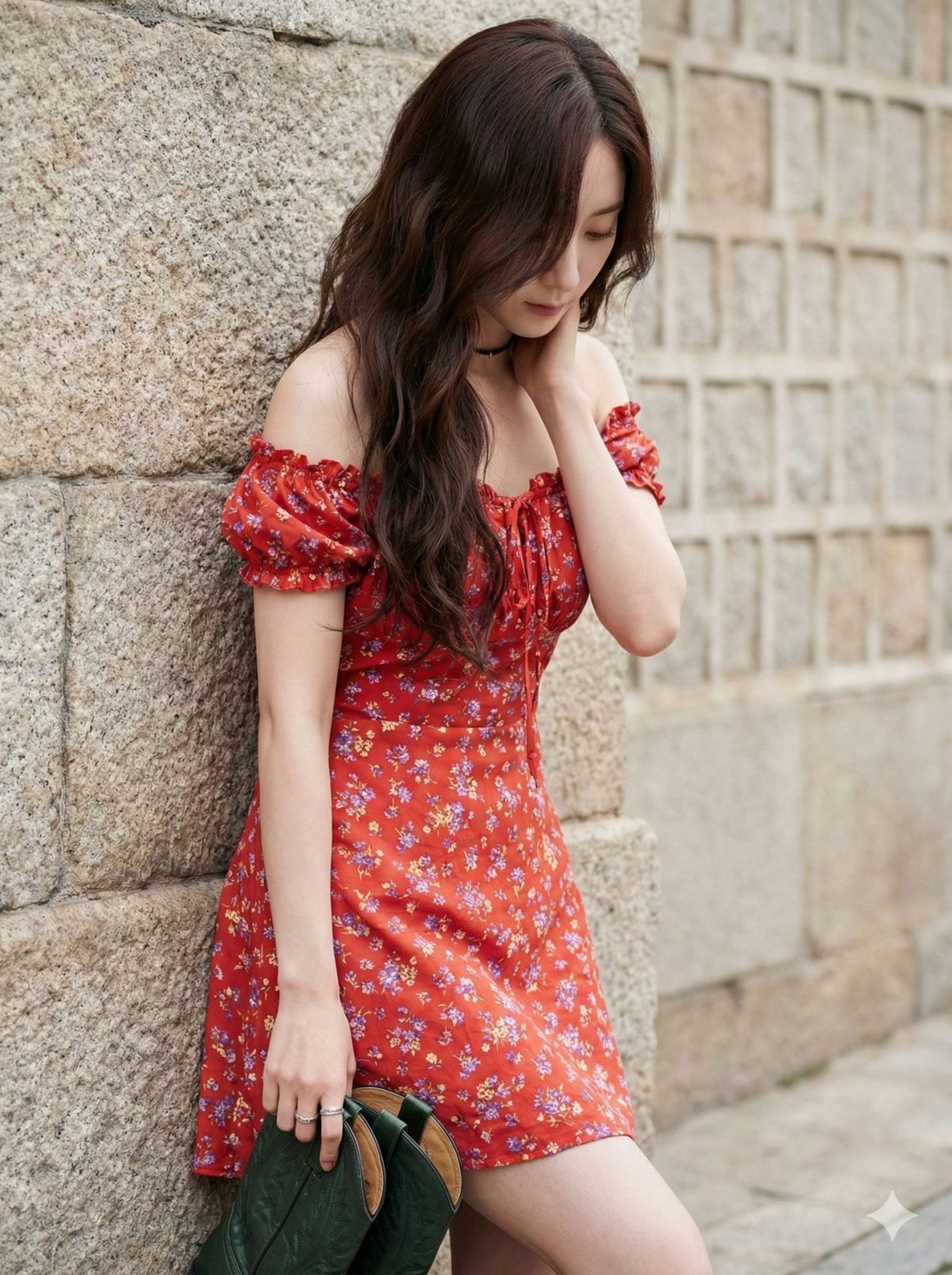 Nanobanana模型生成 波西米亚红裙少女倚石墙 - AI绘画提示词参考