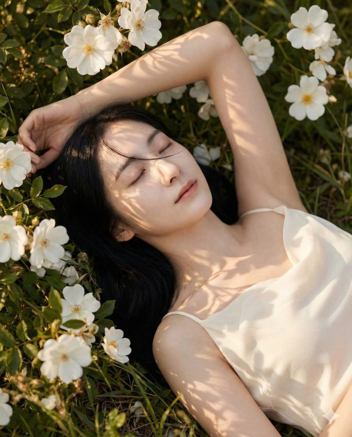 Nanobanana模型生成 柔光花影女神躺 - AI绘画提示词参考