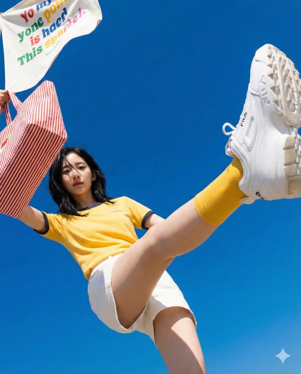 Nanobanana模型生成 凌空跃舞艳阳少女 - AI绘画提示词参考