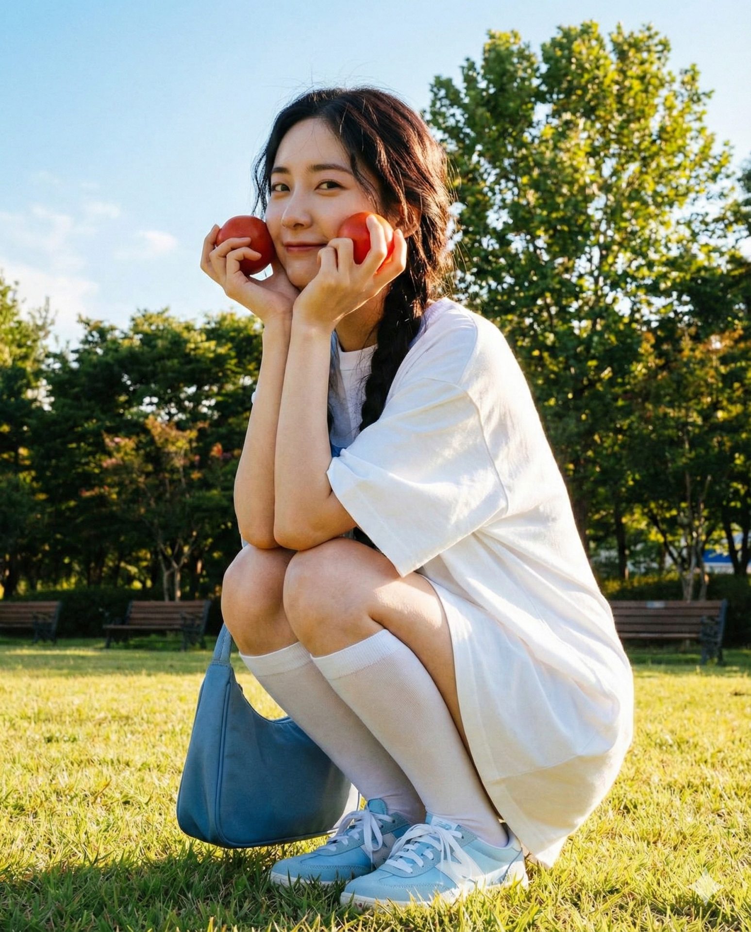 Nanobanana模型生成 夏日红颊俏皮蹲 - AI绘画提示词参考