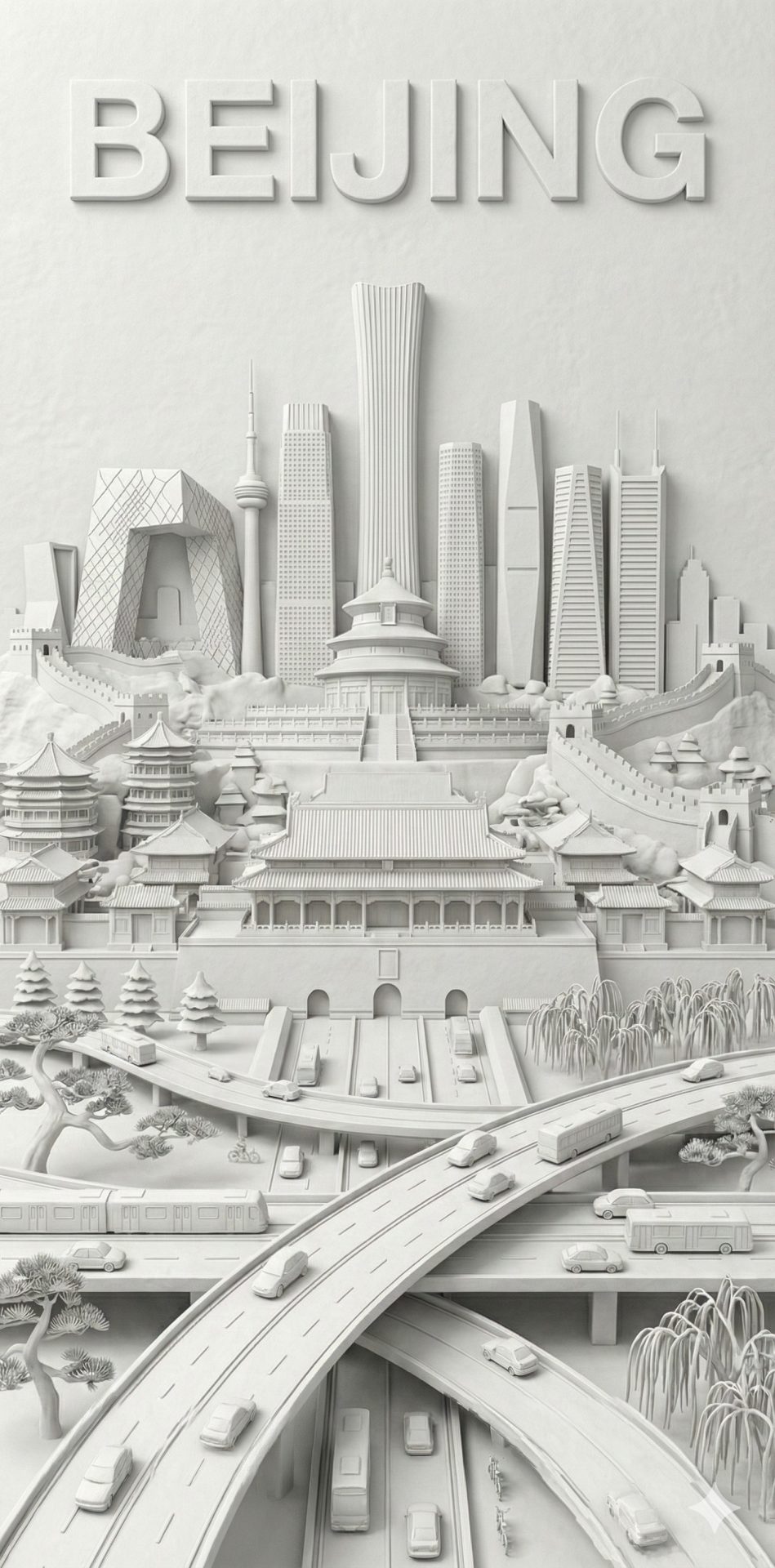 Nanobanana模型生成 纯白浮雕城市海报 - AI绘画提示词参考