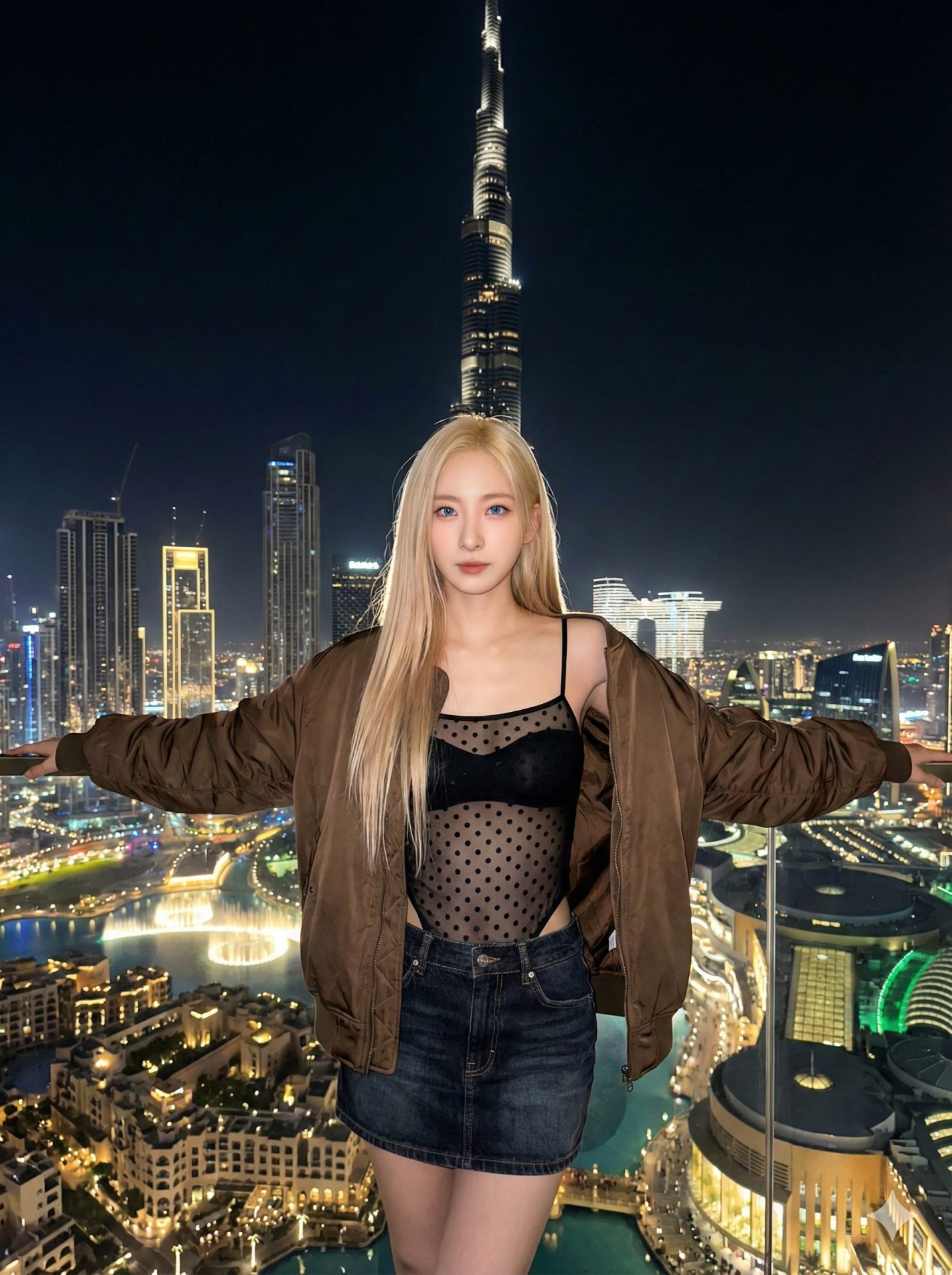 Nanobanana模型生成 迪拜夜色金发超模 - AI绘画提示词参考