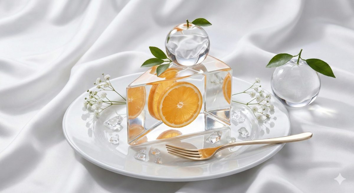 Nanobanana模型生成 水晶棱镜橙香蛋糕时尚大片 - AI绘画提示词参考