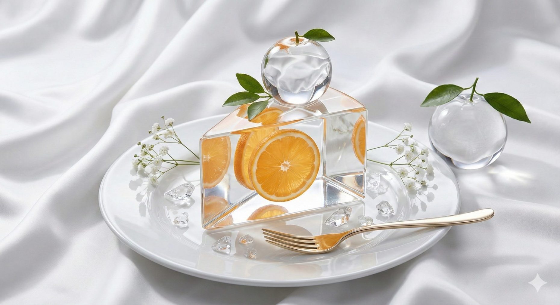 Nanobanana模型生成 水晶棱镜橙香蛋糕时尚大片 - AI绘画提示词参考