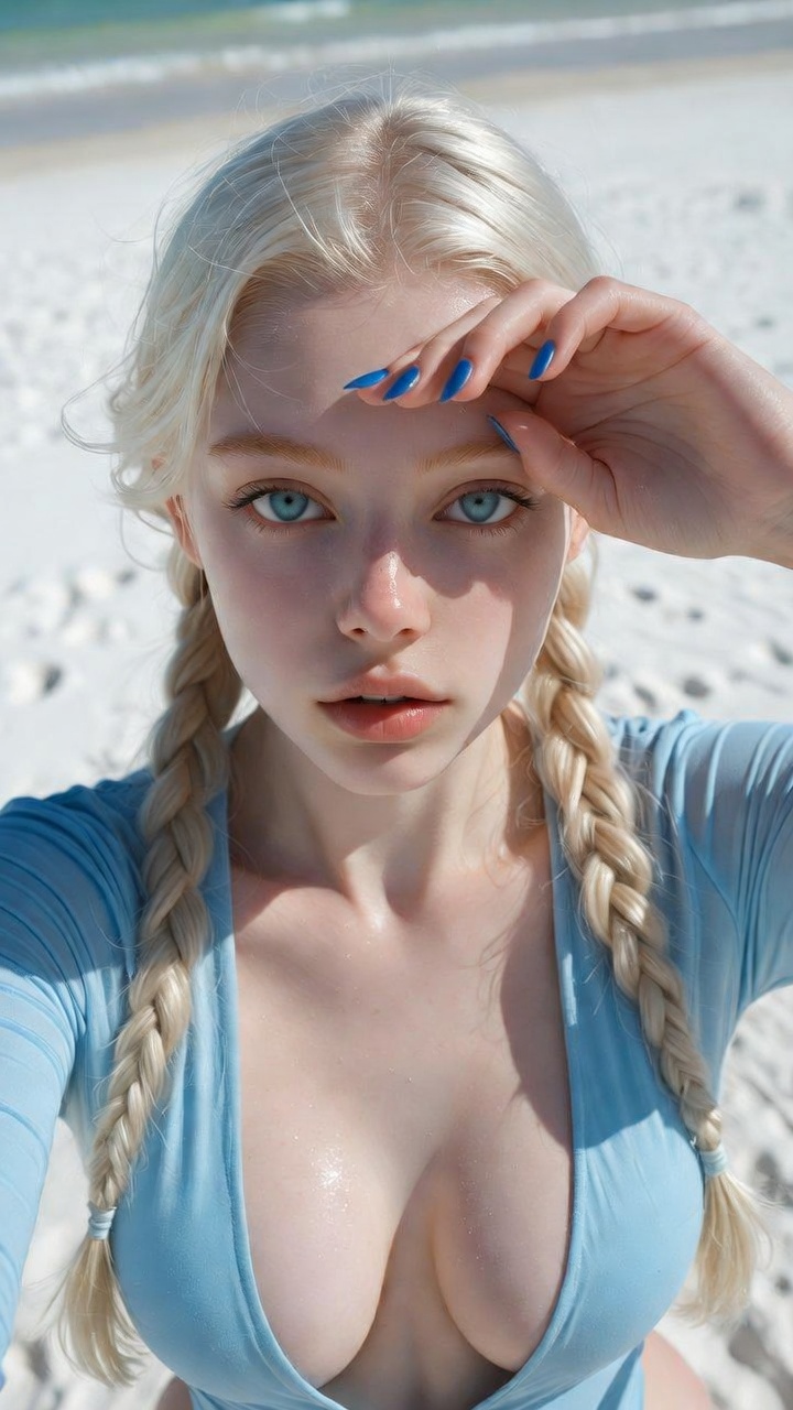 Nanobanana模型生成 瓷娃娃海岸高角度自拍 - AI绘画提示词参考