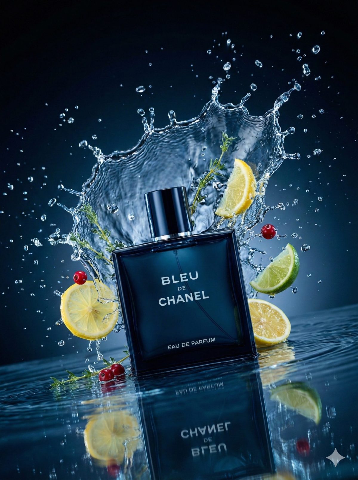 Nanobanana模型生成 蓝色水幕奢华香氛广告 - AI绘画提示词参考