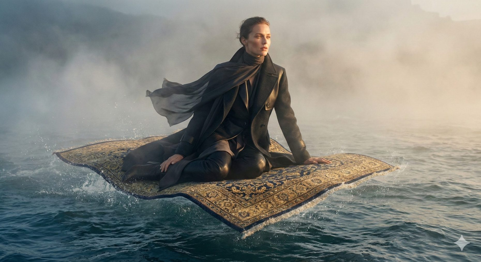 Nanobanana模型生成 金色雾海魔毯时尚大片 - AI绘画提示词参考