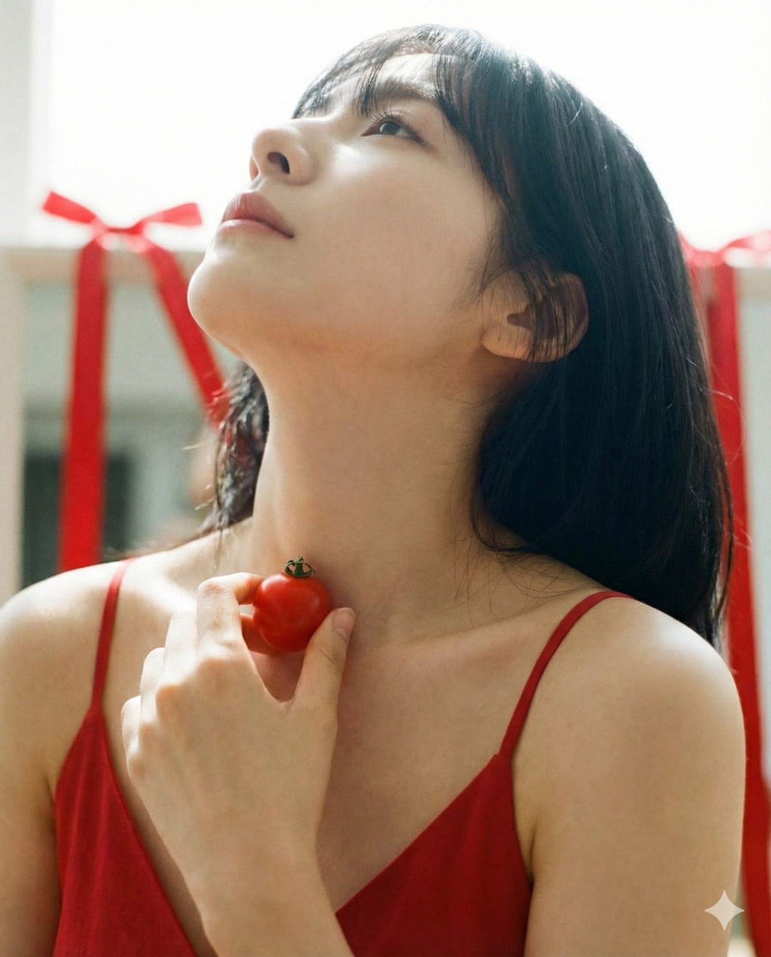 Nanobanana模型生成 逆光红裙日系特写 - AI绘画提示词参考