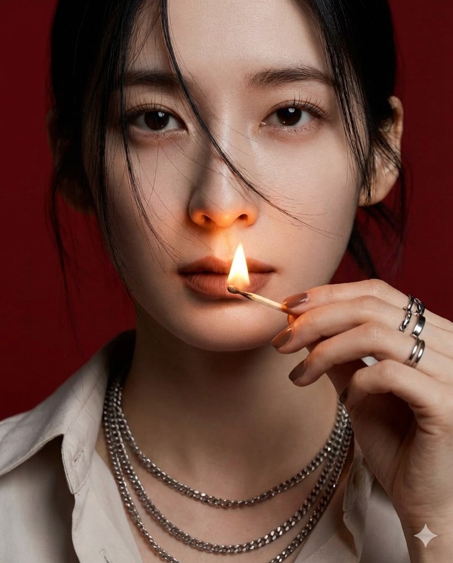 Nanobanana模型生成 火焰红唇魅影写真 - AI绘画提示词参考