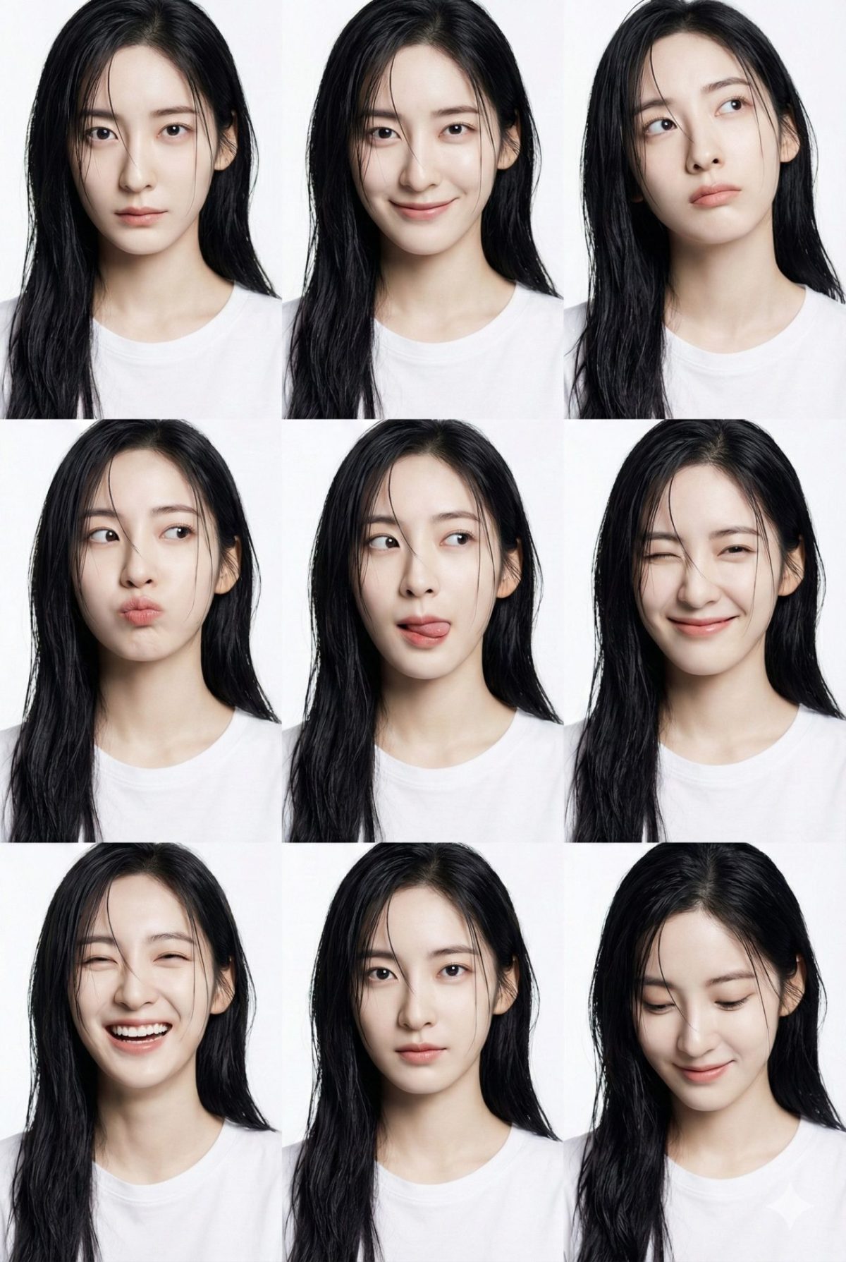 Nanobanana模型生成 纯白九宫格湿发超模 - AI绘画提示词参考