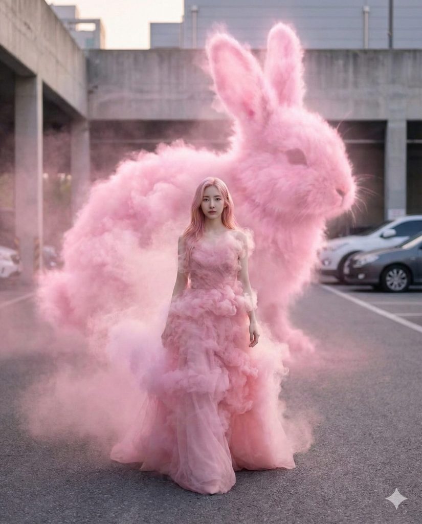 Nanobanana模型生成 烟雾粉裙少女与巨兔 - AI绘画提示词参考