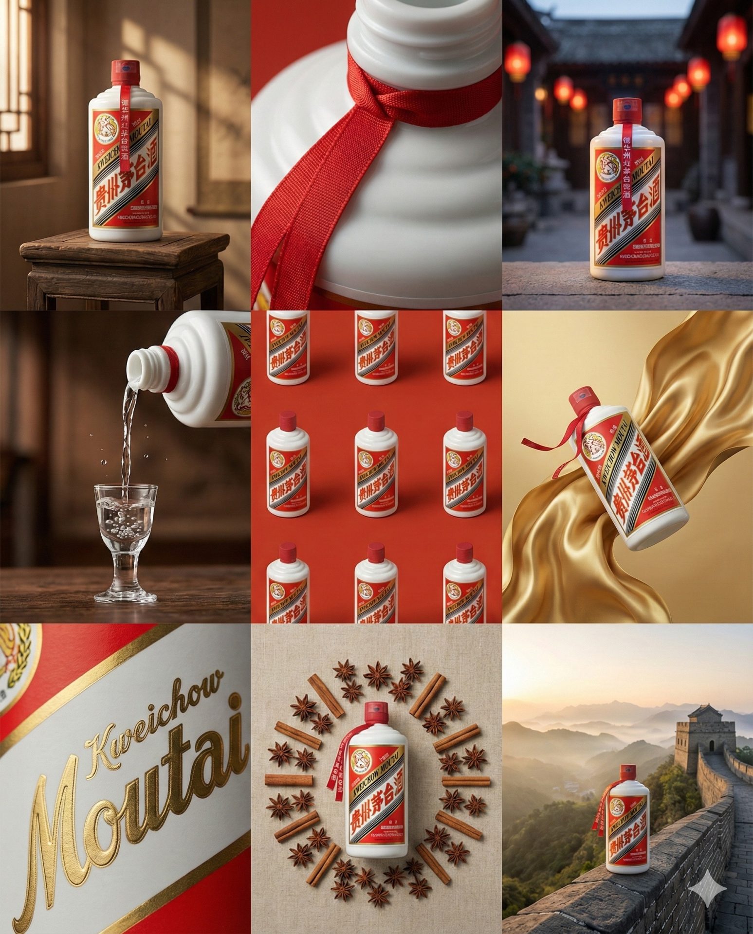 Nanobanana模型生成 白酒品牌9宫格视觉分镜设计 - AI绘画提示词参考