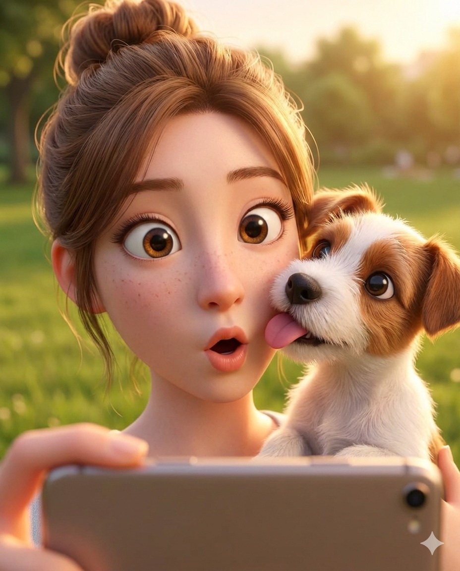 Nanobanana模型生成 皮克斯风少女萌宠自拍 - AI绘画提示词参考