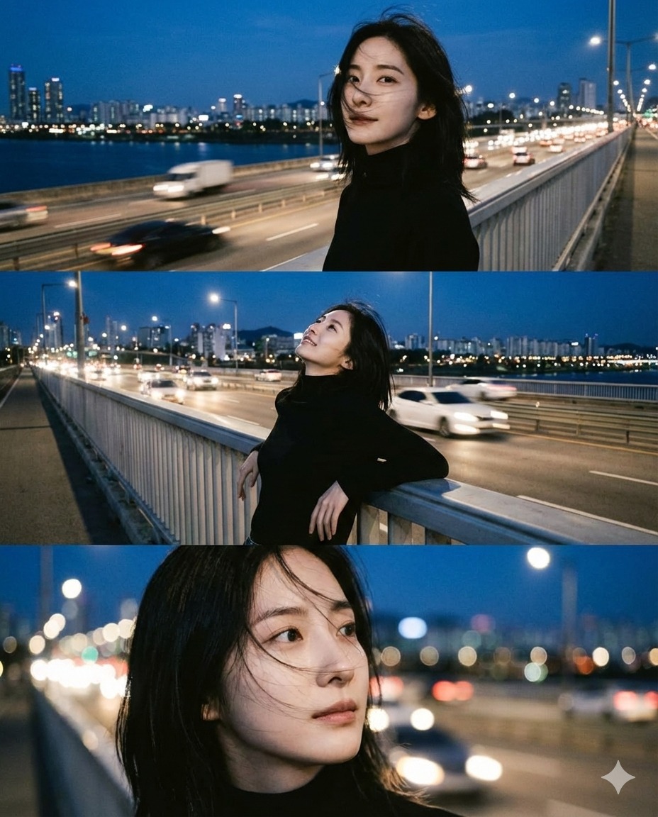 Nanobanana模型生成 都市夜桥三联画 - AI绘画提示词参考