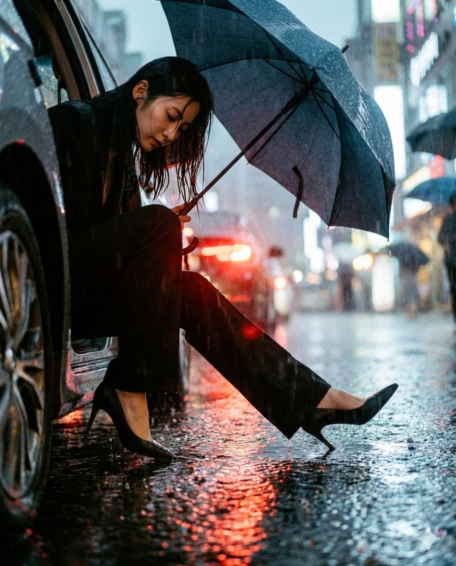 Nanobanana模型生成 雨夜长腿街拍大片 - AI绘画提示词参考