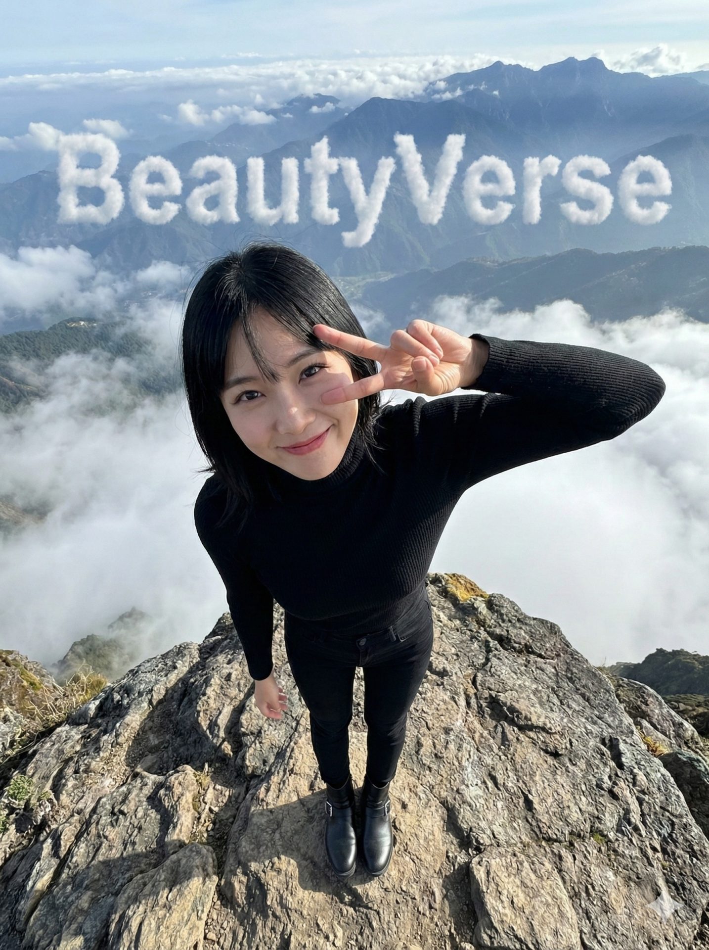 Nanobanana模型生成 云海巅峰女神比心自拍 - AI绘画提示词参考