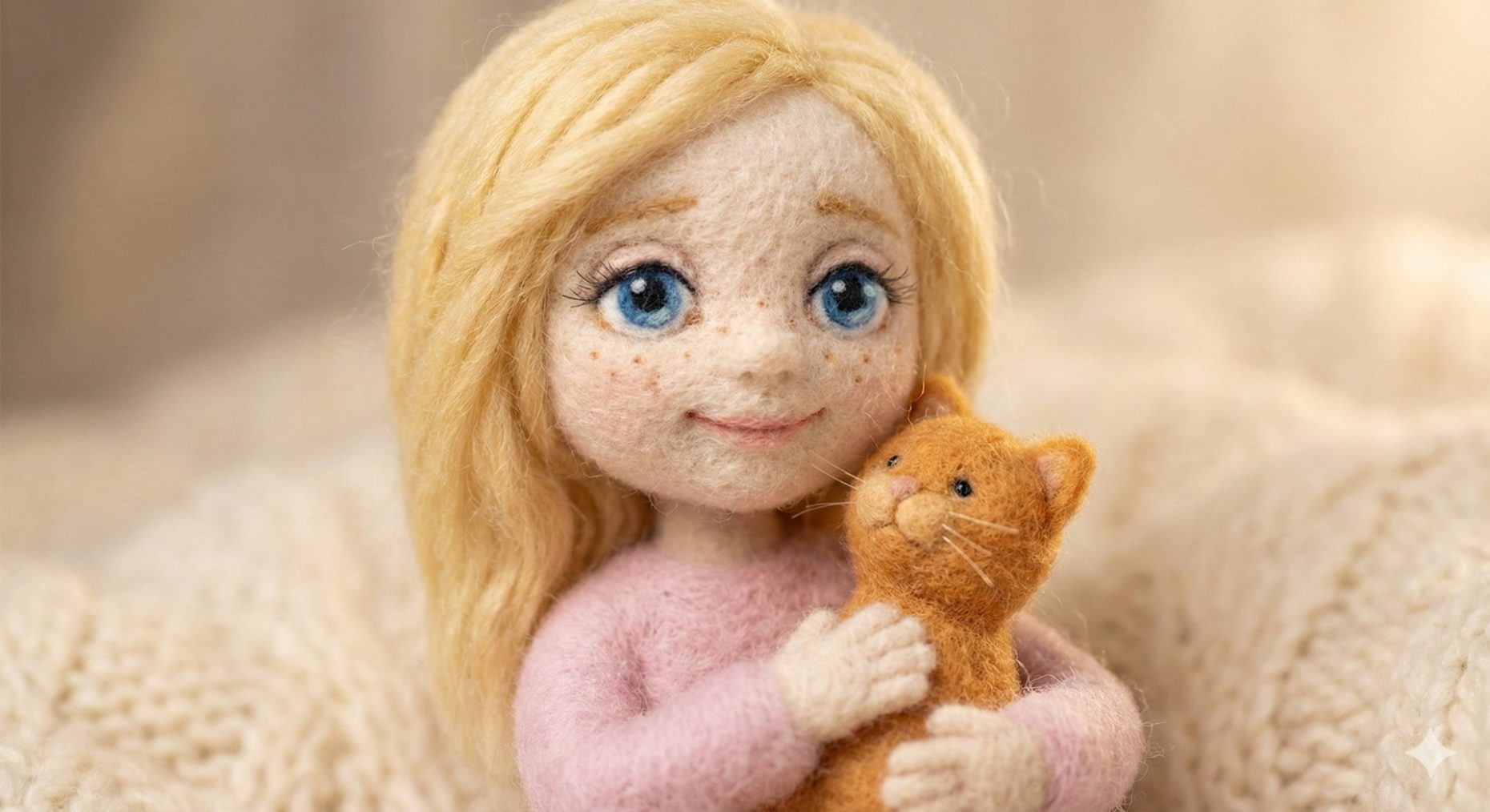 Nanobanana模型生成 手工羊毛毡女孩与猫 - AI绘画提示词参考