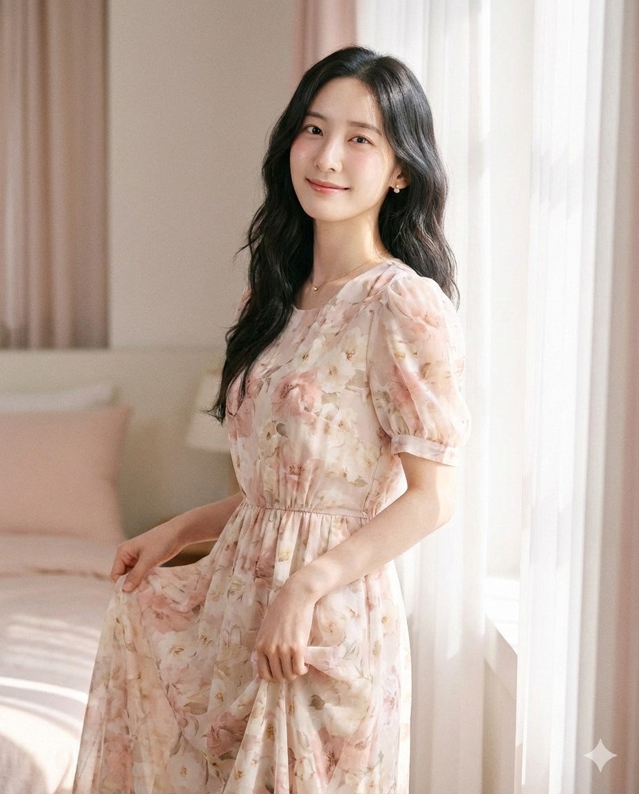 Nanobanana模型生成 窗边柔光花裙少女 - AI绘画提示词参考