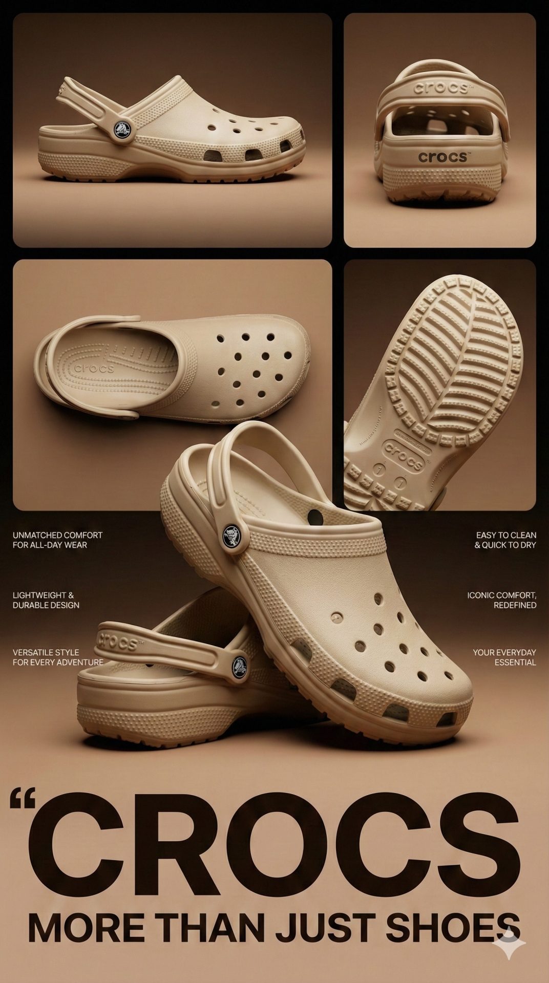 Nanobanana模型生成 米色Crocs多角海报 - AI绘画提示词参考