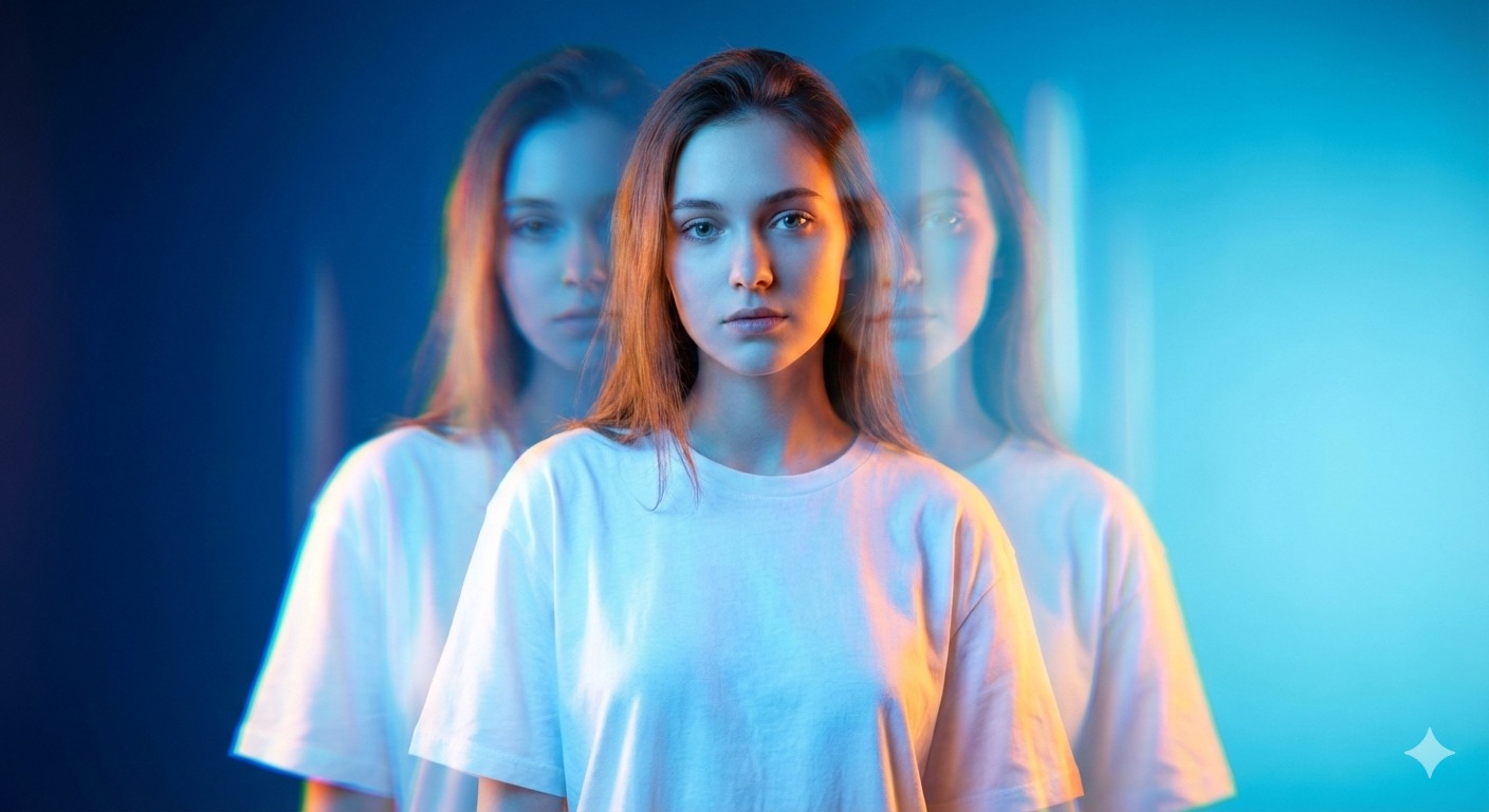 Nanobanana模型生成 蓝幻未来时尚半身像 - AI绘画提示词参考