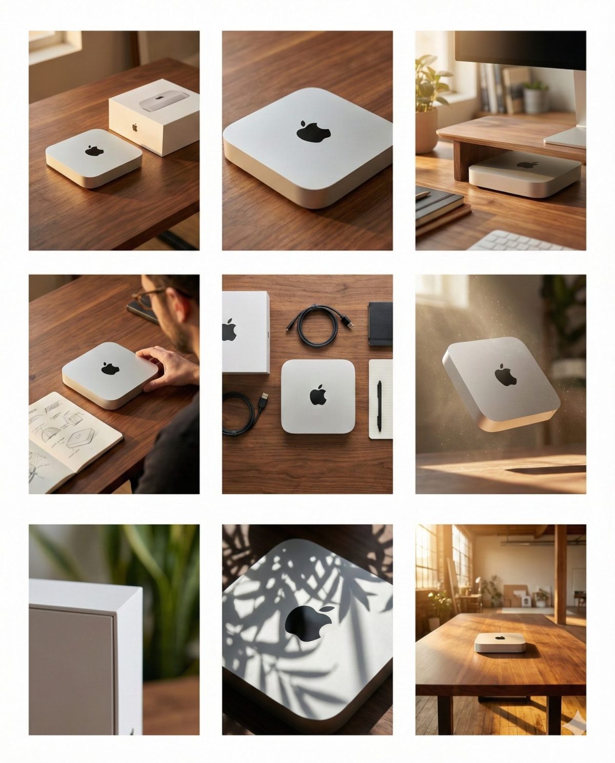 Nanobanana模型生成 Mac mini 3×3品牌设计视觉故事板-简洁版 - AI绘画提示词参考